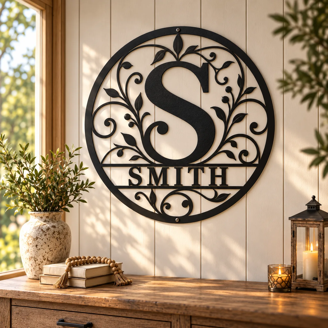 Botanical Initial & Family Name Metal Sign — mockup 3