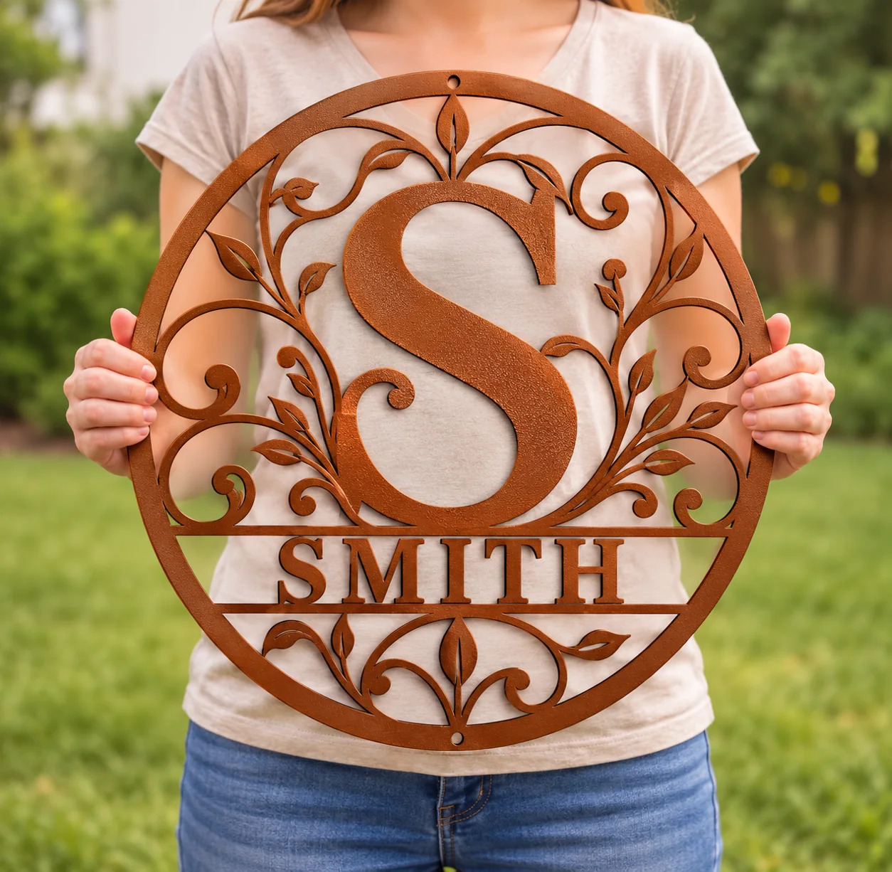 Botanical Initial & Family Name Metal Sign — mockup 5